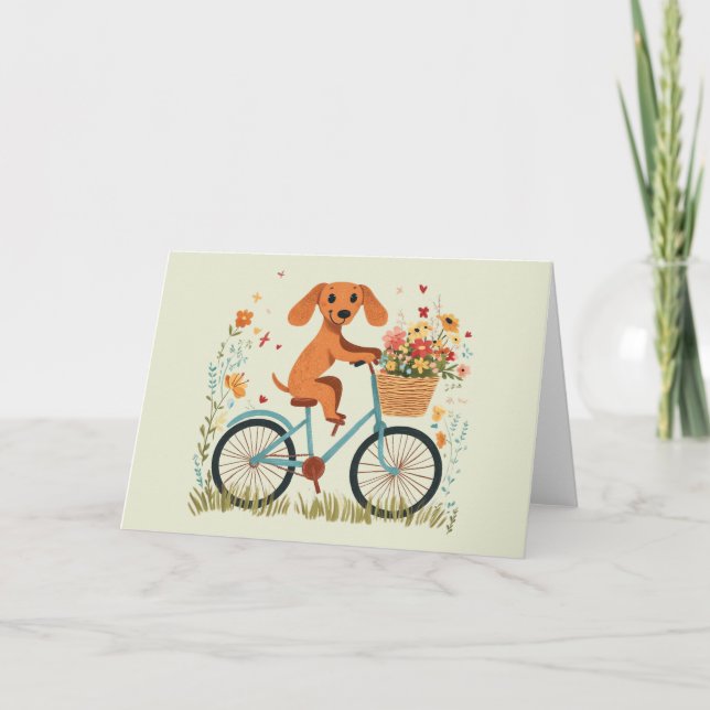 Cute Dachshund Dog Biking Spring Flowers Card (Front)