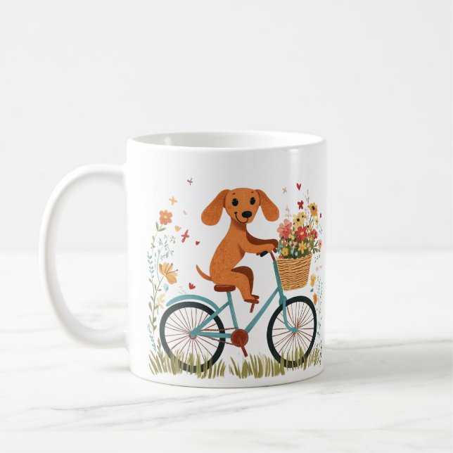 Cute Dachshund Dog Biking Spring Flowers Coffee Mug (Left)