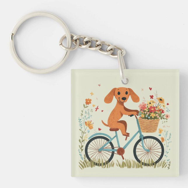 Cute Dachshund Dog Biking Spring Flowers Keychain (Front)