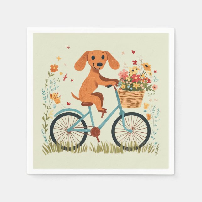 Cute Dachshund Dog Biking Spring Flowers Napkins (Front)