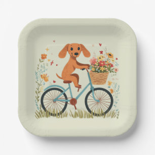 Cute Dachshund Dog Biking Spring Flowers Paper Plates