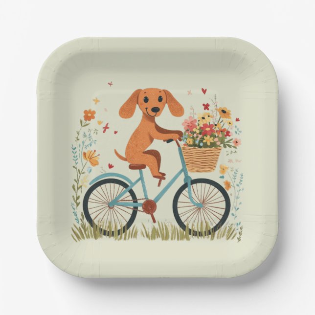 Cute Dachshund Dog Biking Spring Flowers Paper Plates (Front)