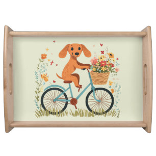 Cute Dachshund Dog Biking Spring Flowers Serving Tray