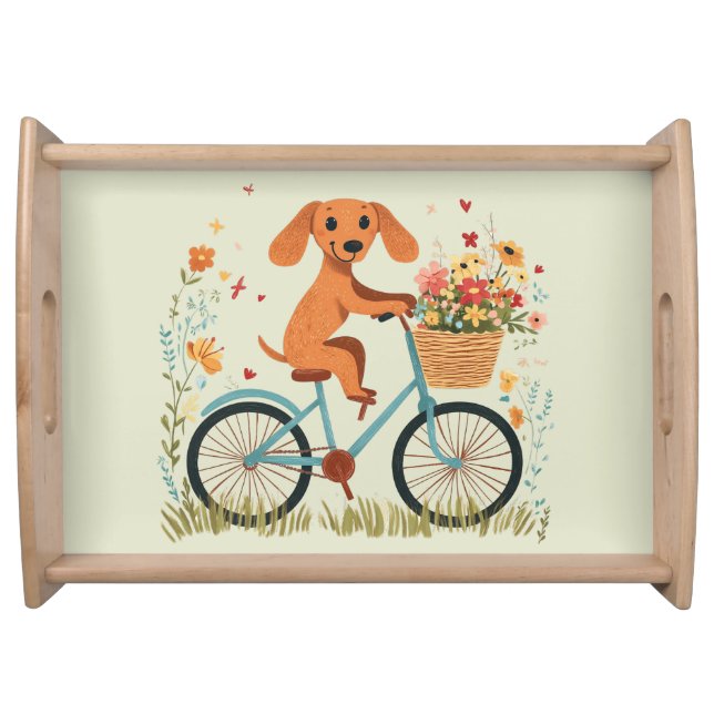 Cute Dachshund Dog Biking Spring Flowers Serving Tray (Front)