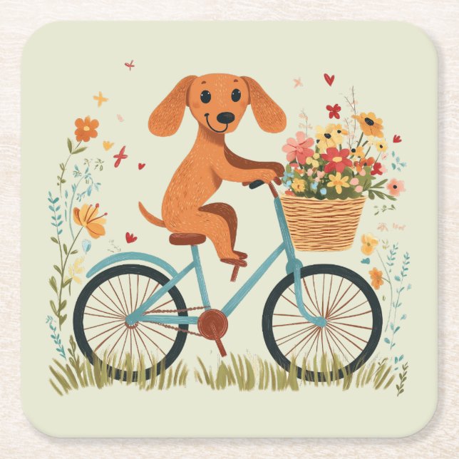 Cute Dachshund Dog Biking Spring Flowers Square Paper Coaster (Front)