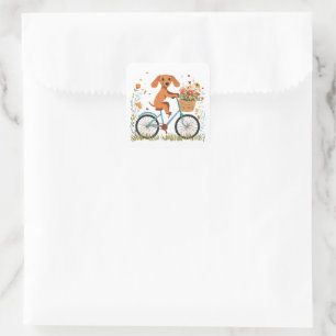 Cute Dachshund Dog Biking Spring Flowers Square Sticker