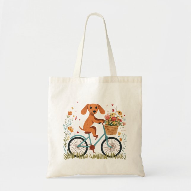 Cute Dachshund Dog Biking Spring Flowers Tote Bag (Front)