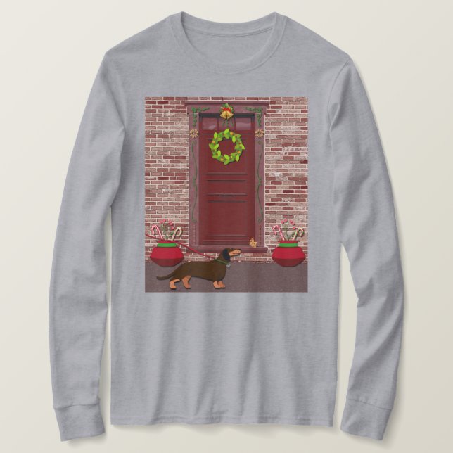 Cute Dachshund Dog Christmas Art on T-Shirt (Design Front)