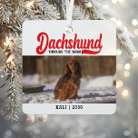 Cute Dachshund Dog Christmas Picture Custom Photo Metal Ornament<br><div class="desc">Celebrate your furry friend this holiday season with our Cute Dachshund Dog Christmas Picture Custom Photo Metal Ornament. Perfect for pet owners with a sense of humor, this ornament allows you to upload your favorite horizontal picture of your dachshund or any adorable pup, capturing their cutest or funniest moments. The...</div>