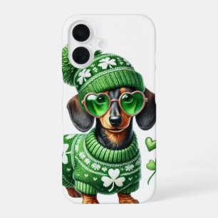 CUTE DACHSHUND DOG DRESSED IN IRISH CLOTHES iPhone 16 CASE