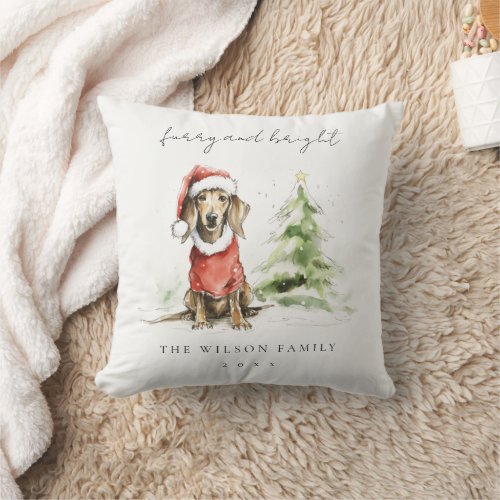 Cute Dachshund Dog Furry and Bright Christmas Throw Pillow