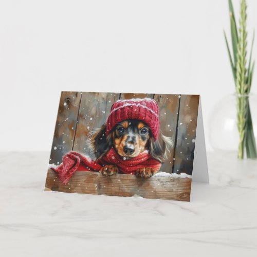 Cute Dachshund Dog in Hat Christmas Card