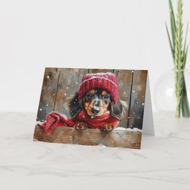 Cute Dachshund Dog in Hat Christmas Card (Front)