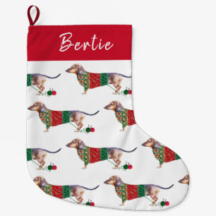 Cute Dachshund Dog in Knitted Christmas Jumper Large Christmas Stocking