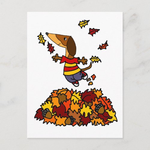 Cute Dachshund Dog Jumping in Leaf Pile Postcard