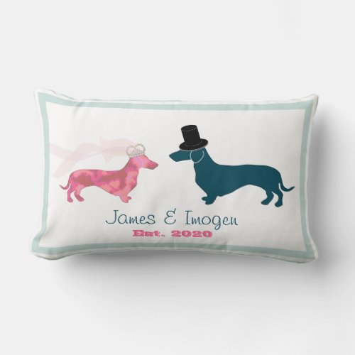 Cute Dachshund Dog Newlyweds Monogram Lumbar Pillow