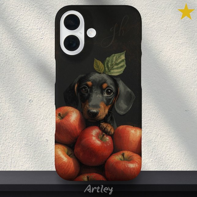 Cute Dachshund Dog Peeking Apple Painting Initials Case-Mate iPhone Case (Creator Uploaded)