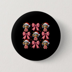 Cute Dachshund Dog Red Plaid Coquette Bow Christma Button