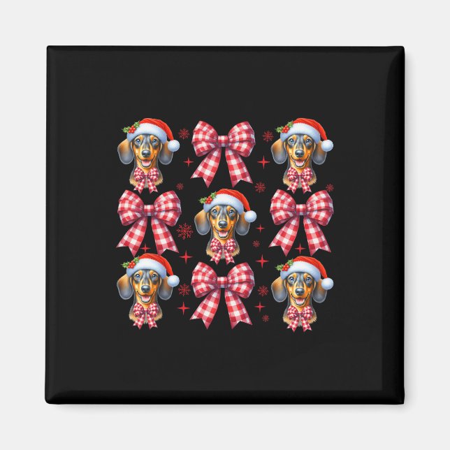 Cute Dachshund Dog Red Plaid Coquette Bow Christma Magnet (Front)