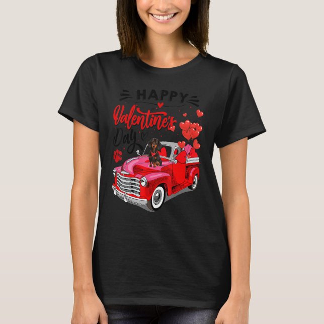 Cute Dachshund Dog Red Truck Happy Valentine's Day T-Shirt (Front)