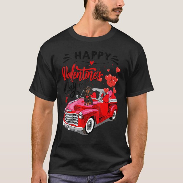 Cute Dachshund Dog Red Truck Happy Valentine's Day T-Shirt (Front)