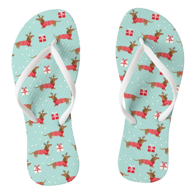 Cute Dachshund Dog Snow Winter Christmas Holidays Flip Flops (Footbed)