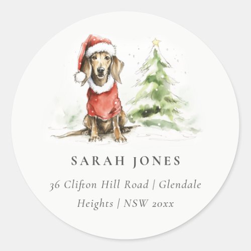 Cute Dachshund Dog Watercolor Christmas Address Classic Round Sticker