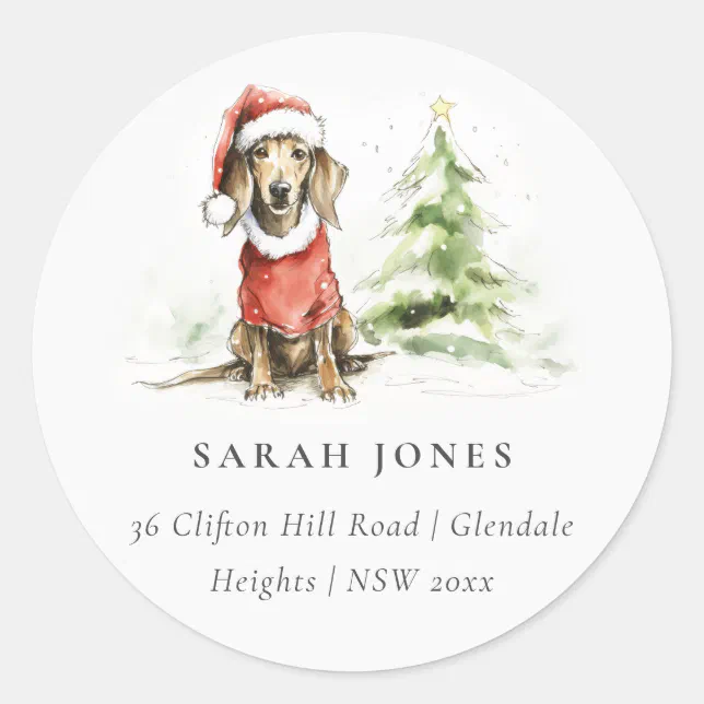 Cute Dachshund Dog Watercolor Christmas Address Classic Round Sticker ...