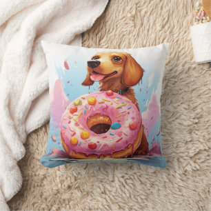 cute dachshund dog with donut throw pillow