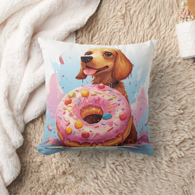 cute dachshund dog with donut throw pillow (Blanket)