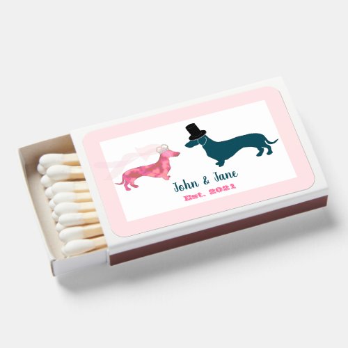 Cute Dachshund Dogs Bride and Groom Wedding Pink Matchboxes
