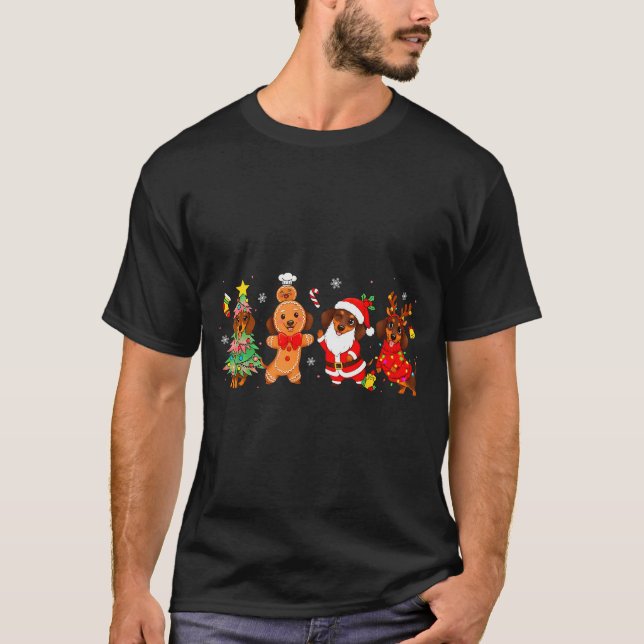 Cute Dachshund Dogs Christmas Tree Gingerbread San T-Shirt (Front)