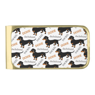 Cute Dachshund Doxie Dog Pattern Gold Finish Money Clip