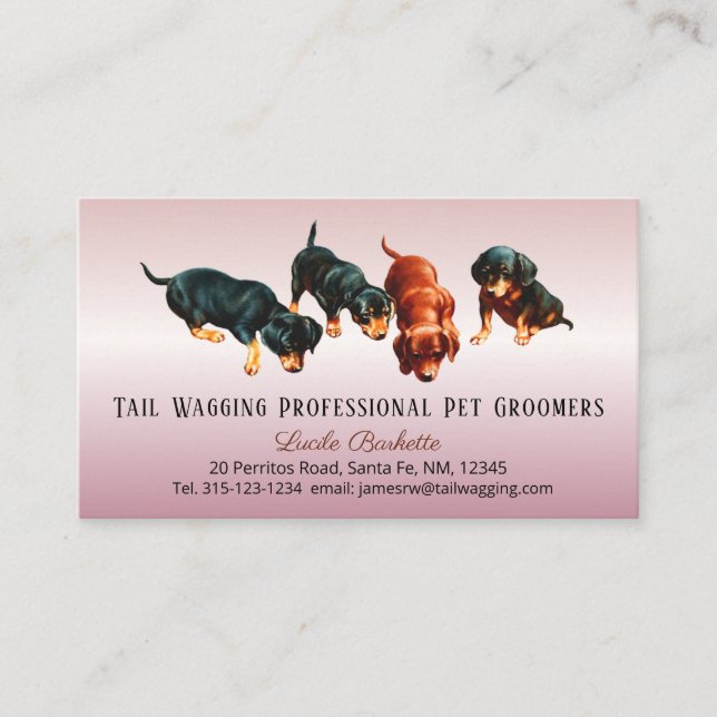 Cute Dachshund Doxie Pups Pet Grooming Rose Gold Business Card (Front)