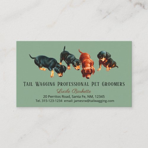 Cute Dachshund Doxie Pups Pet Grooming Sage Green Business Card