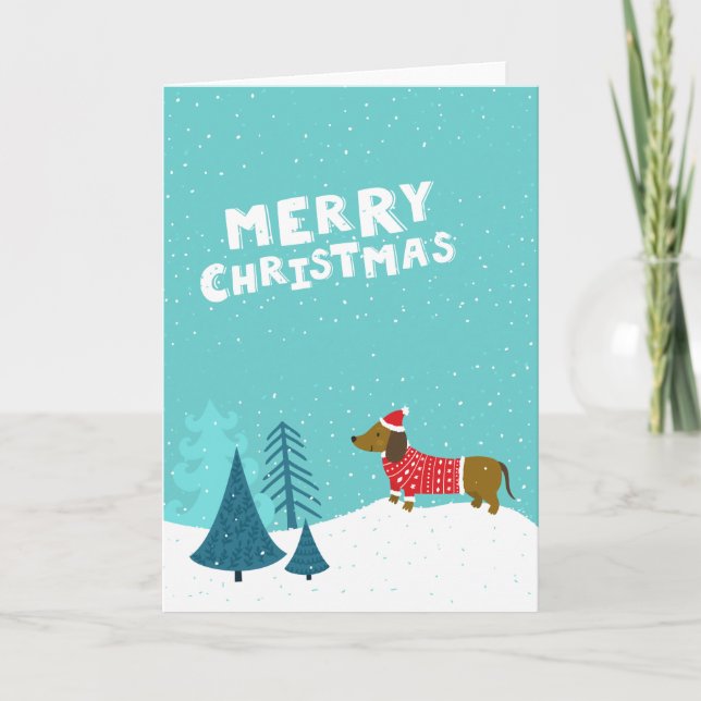 Cute Dachshund drawing in Christmas landscape Holiday Card (Front)