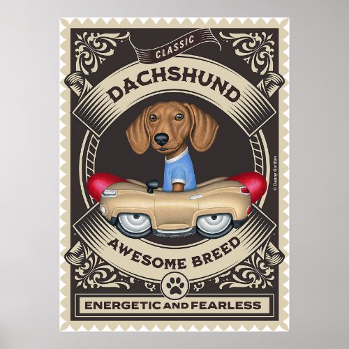 Cute Dachshund Driving Golden Sausage Car Poster