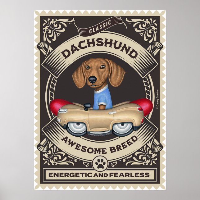 Cute Dachshund Driving Golden Sausage Car Poster (Front)