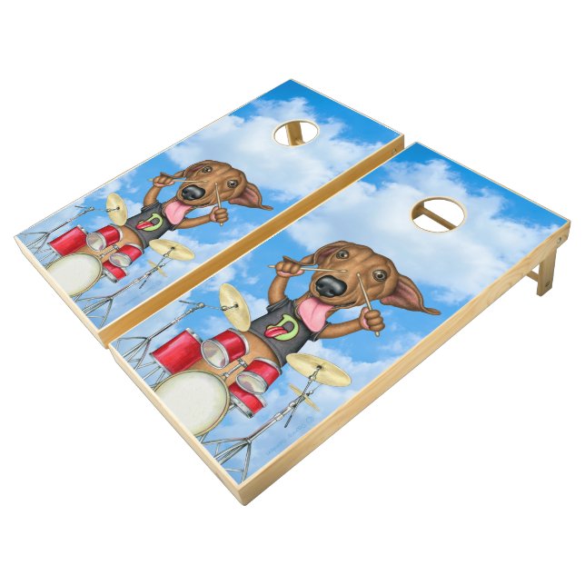 Cute Dachshund Drummer Cornhole Set (Angled)
