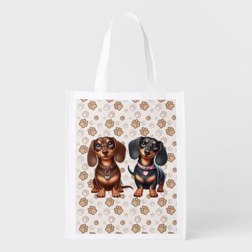 Cute dachshund friends grocery bag