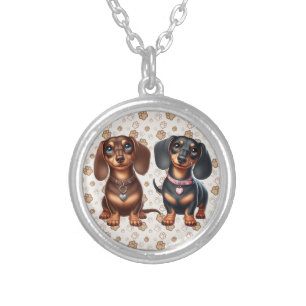 Cute dachshund friends silver plated necklace