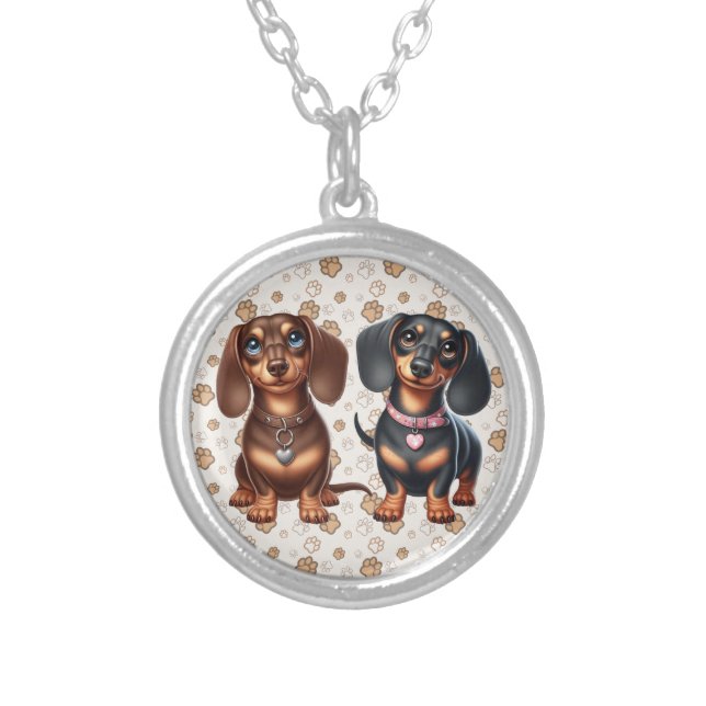 Cute dachshund friends silver plated necklace (Front)