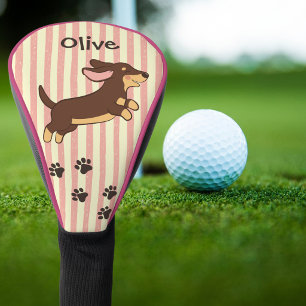 Cute Dachshund Golf Paw Prints Pink Stripes with N Head Cover