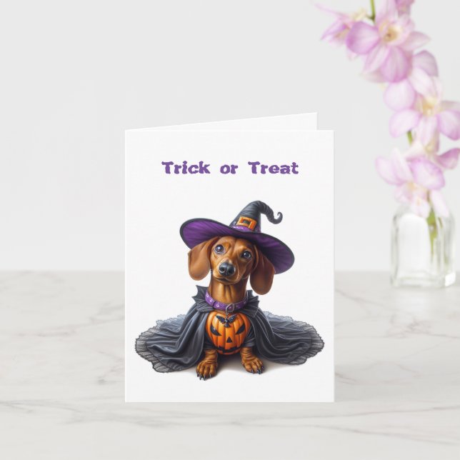 Cute Dachshund Halloween Witch Greeting Card (Orchid)