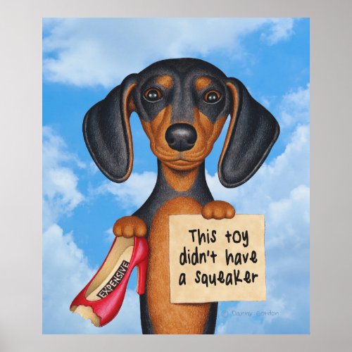 Cute Dachshund Holding Chewed Shoe Poster