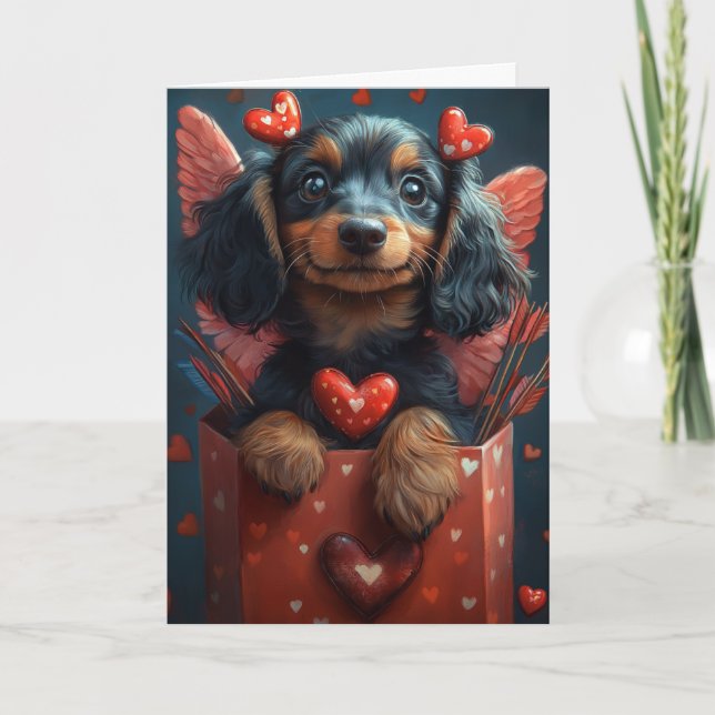 Cute Dachshund in Cupid Costume Valentine's Day Card (Front)