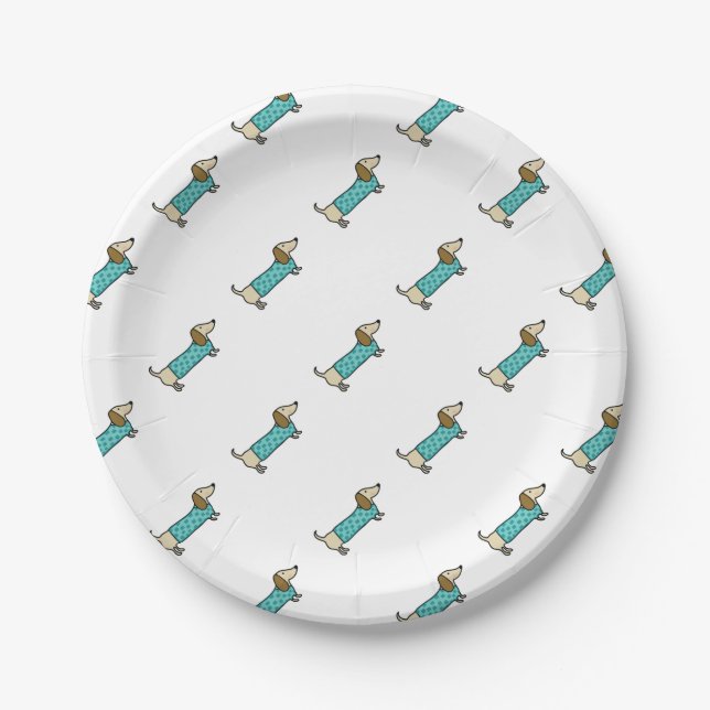 Cute dachshund in mint blue paper plates (Front)