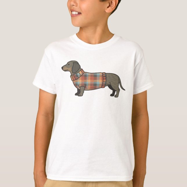 Cute Dachshund in Plaid Sweater Dog Lover Kids T-S (Front)