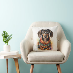 Cute Dachshund in Sweater: Watercolor Throw Pillow