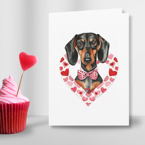 Cute Dachshund Love Heart Watercolor Custom Text Holiday Card